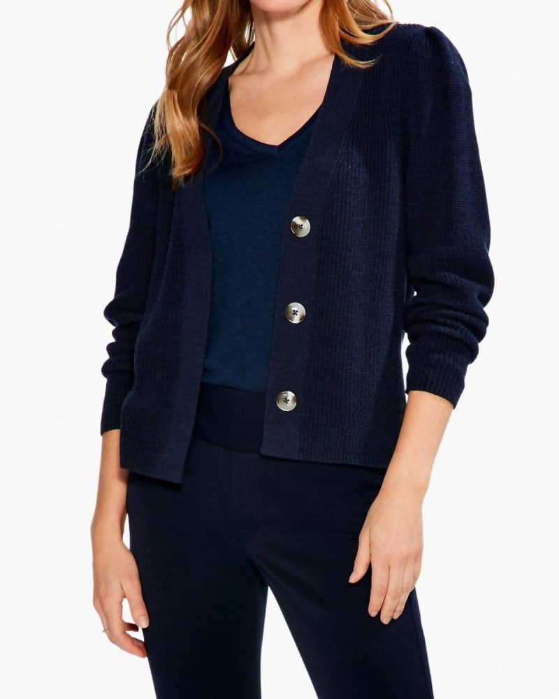 Front of a model wearing a size XL Shaker Knit Cardigan in Dark Indigo in Dark Indigo by Nic + Zoe. | dia_product_style_image_id:326677